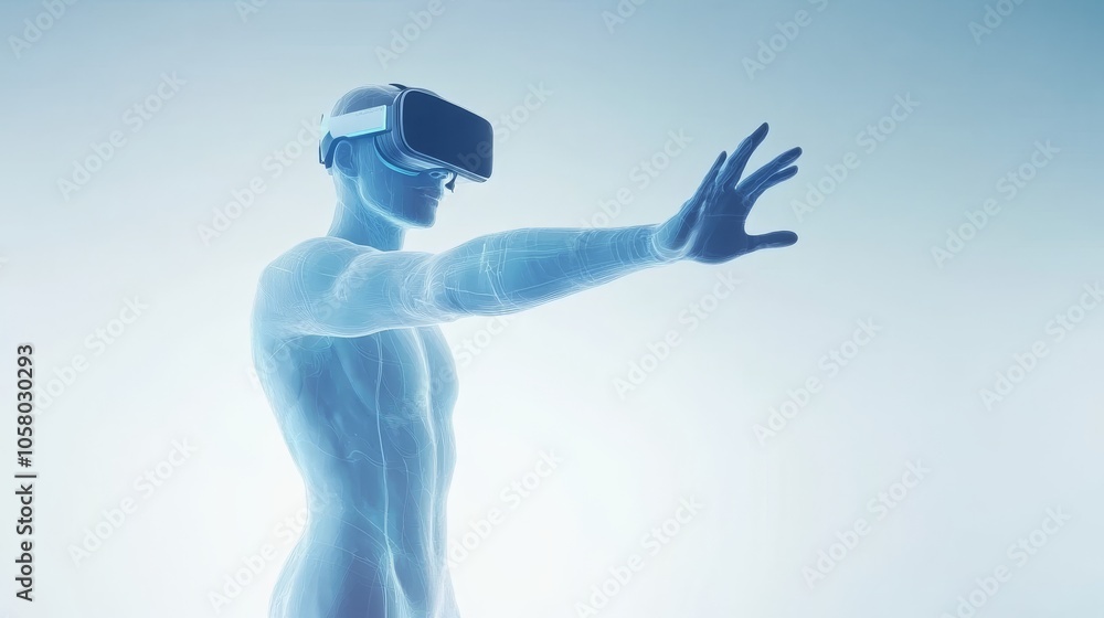 Poster futuristic depiction of a virtual reality user exploring a digital environment with immersive techno