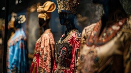 Mannequins wearing ornate costumes and headwear showcase theatrical costume design, with dark background emphasizing intricate details and embellishments