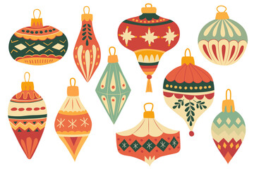 Set of vintage Christmas ornaments with retro patterns