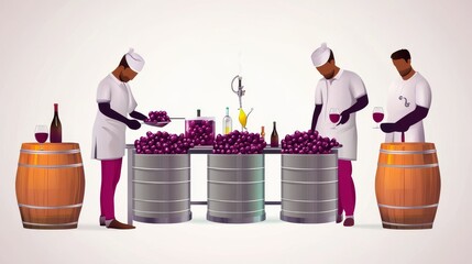 Obraz premium Illustration of winemakers processing grapes at a vineyard with barrels and wine equipment.