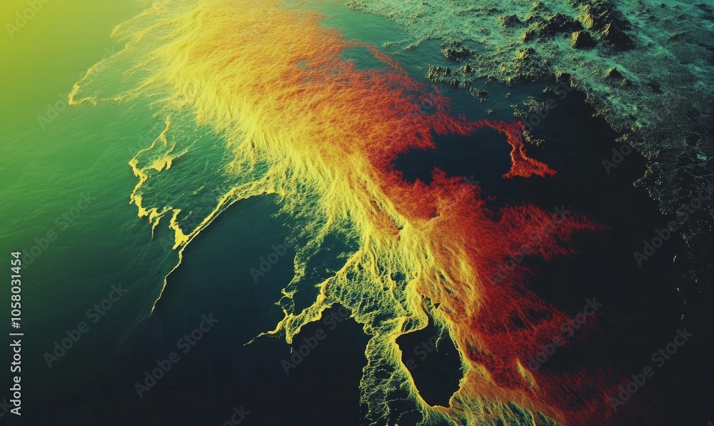Poster dynamic heatmap of a river delta, showing temperature gradients in the water as it fans out into the