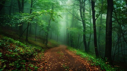 Fototapeta premium Tranquil Forest Trail, serene pathway adorned with fallen leaves, soft rain enhancing the vibrant greenery, inviting calm and reflection in nature's embrace
