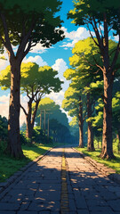 Anime style, quiet road lined with ancient trees, shadows on pavement, bright summer sky, calm and peaceful. In vertical frame