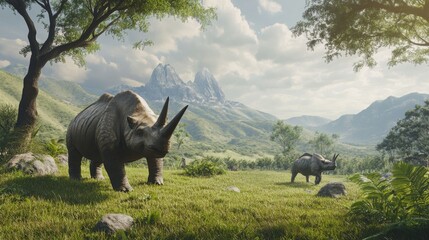 Fototapeta premium Majestic rhinoceroses roam a lush landscape, surrounded by verdant trees and distant mountains under a serene sky.
