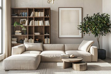 Modern Interior of Stylish Living Room ,Wall Mock Up, Frame , Poster with Beautiful Background, 3d render