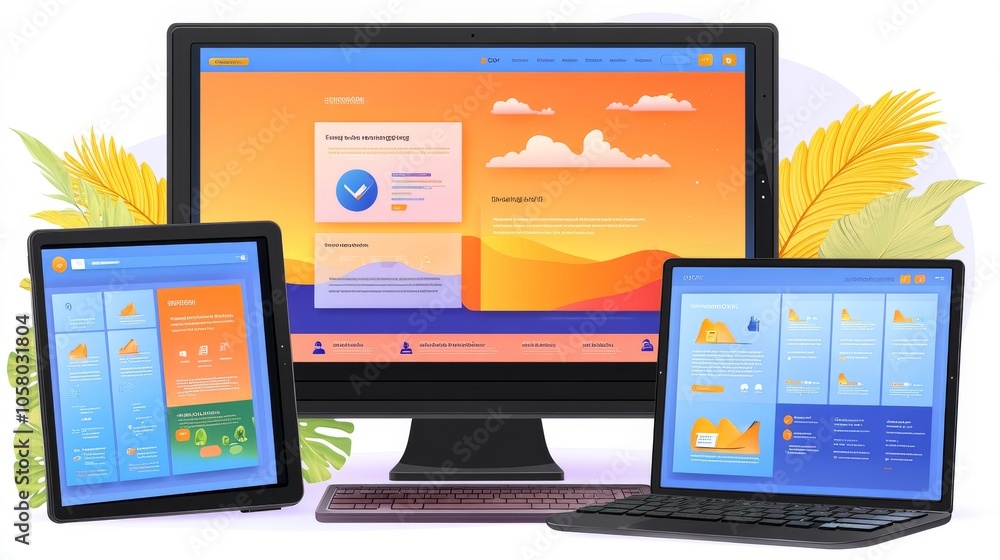 Poster modern digital devices showcase colorful user interfaces, highlighting technology and innovation in 