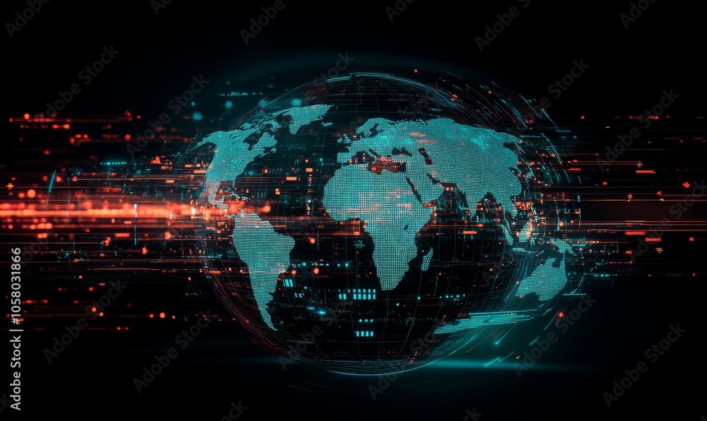 Poster futuristic digital world map with a glowing globe for global technology concept and future communica