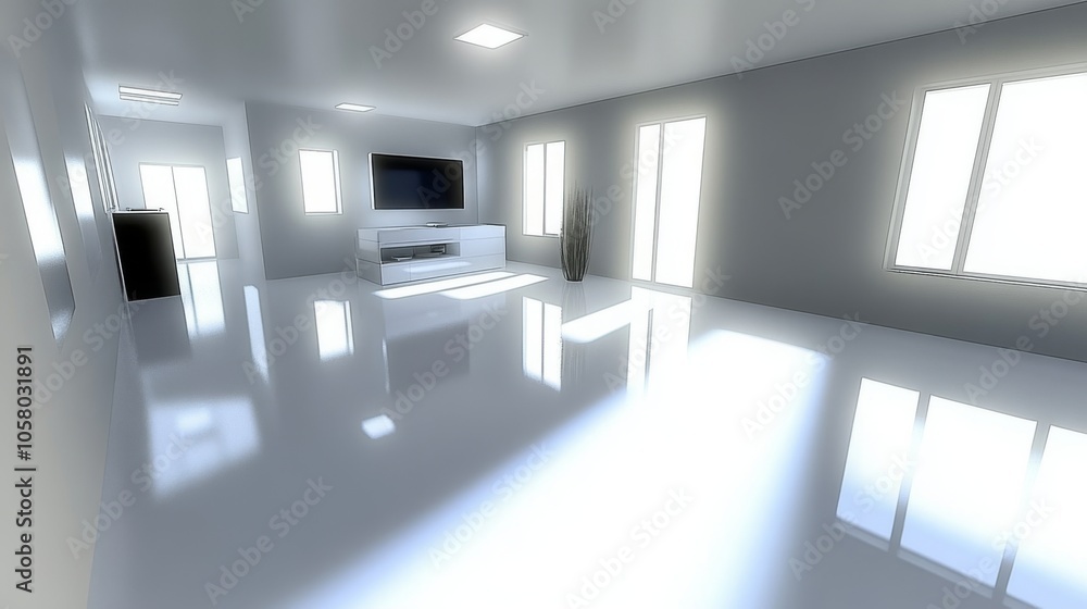 Poster modern interior with glossy floor and bright natural light streaming through large windows, creating