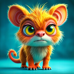 Naklejka premium Cute, animated character of a small orange and white animal with big eyes and a fuzzy fur, standing against a blue background.