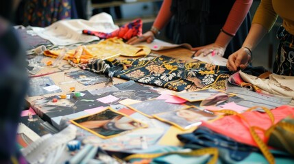 Two fashion designers are pinning floral fabric to a design board covered with sketches, fabric swatches, and a measuring tape