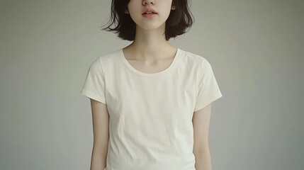 Obraz premium Portrait of a young woman with short hair, wearing a simple white t-shirt against a neutral background, showcasing natural beauty.