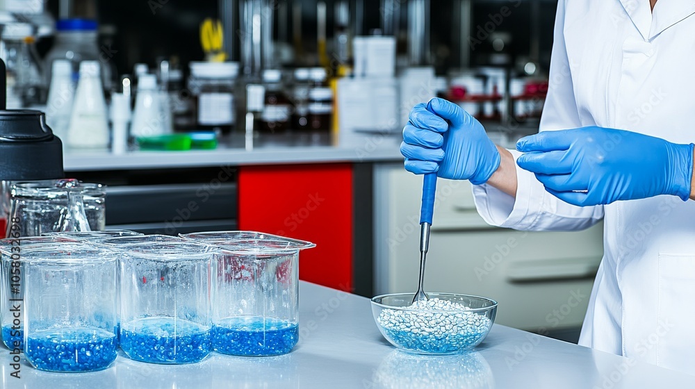 Poster scientist conducting an experiment with blue solutions in a laboratory, emphasizing precision and re