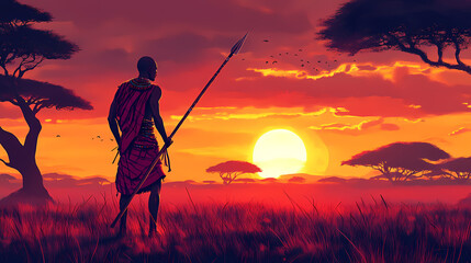 Maasai warrior standing with spear at sunset in african savanna. African Savannah Warriors. Illustration