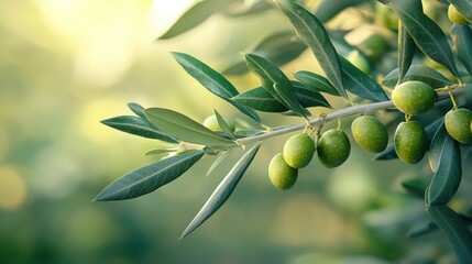 Close-Up of Green Olives on a Branch with Sunlit Leaves in a Mediterranean Garden Setting