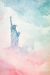 Soft watercolor painting of the Statue of Liberty emerging through pastel-colored clouds, symbolizing freedom, dreamy and patriotic ambiance, copy space, selective focus

