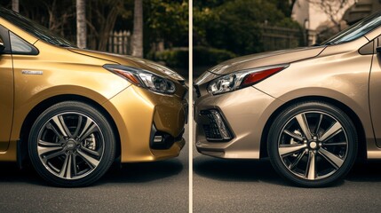 Side-by-side comparison of two stylish cars highlighting design and features in urban environment.