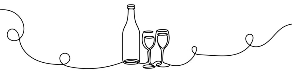 Bottle of wine and a glass are depicted in a continuous line drawing style. Vector illustration.
