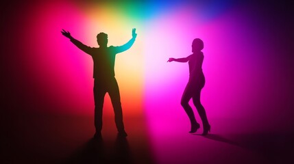 Silhouettes of a man and woman dancing against a vibrant rainbow light backdrop, celebrating joy and movement.