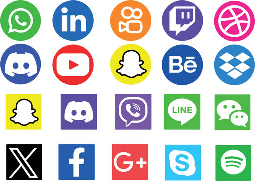 Collection of popular social media logos, featuring X (Twitter), Facebook, Google Plus, Skype, Spotify, Snapchat, Discord, Viber, Line, WeChat, and more. High-quality, colorful, and realistic editoria