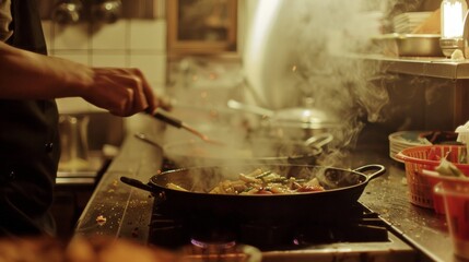 Culinary Delight, Stock person seasoning a vibrant stir-fry on a stovetop, steam wafting up, filling the kitchen with an inviting aroma of spices and fresh ingredients
