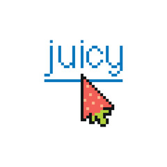 T-shirt design with pixelated strawberry pointer with hyperlink text juicy 