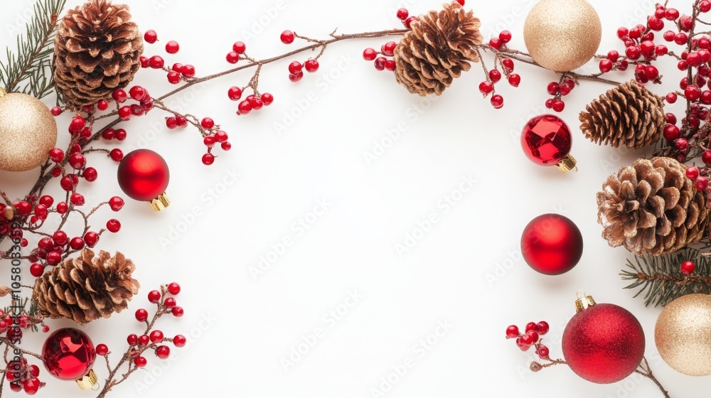 Poster a white background with red and gold ornaments, pine cones, and red berries. the ornaments and berri