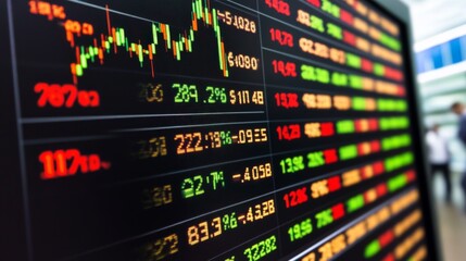 Fototapeta premium Stock market display showing price changes, trends, and data for various securities in vibrant colors and dynamic graphs.