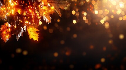 Golden autumn leaves with lights on dark background.