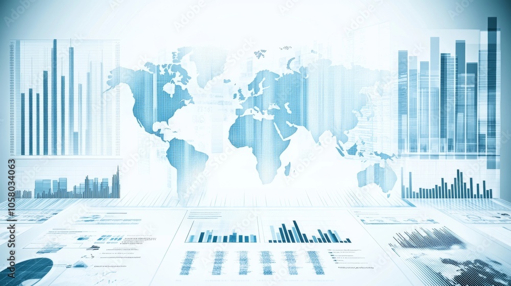Poster stylish digital design featuring global map and analytics data, ideal for illustrating business grow