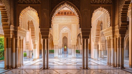 Majestic Moroccan Architecture: Intricate Columns and Arches in Ornate Hall