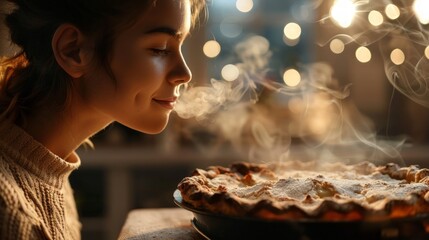 Aromatic Delight, individual savoring the warm steam of a freshly baked pie, expression peaceful and joyful, enveloped in the comforting scent of home-baked goodness.