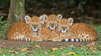 Obraz premium Three playful leopard cubs resting together in a serene natural setting, showcasing their beautiful spotted fur and peaceful demeanor.