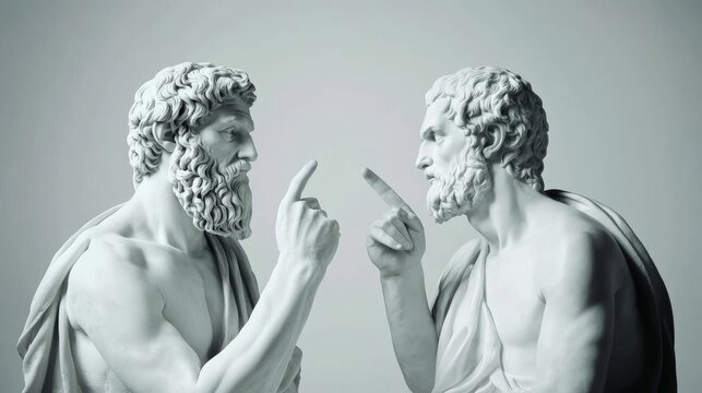 Two ancient philosophers in a heated debate, showcasing intense discussion and intellectual confrontation in classic marble style.