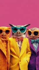 Fototapeta premium Stylish Owls with Sunglasses Against Vibrant Pink Background
