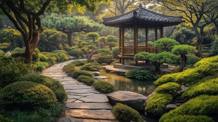 A serene Japanese garden featuring a traditional pavilion surrounded by lush greenery and a winding stone path.