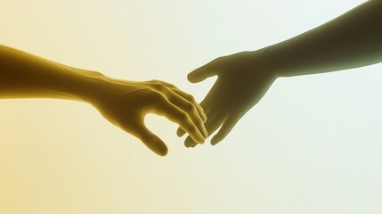 Two hands reaching towards each other, symbolizing connection, unity, and love in a warm, soft light.