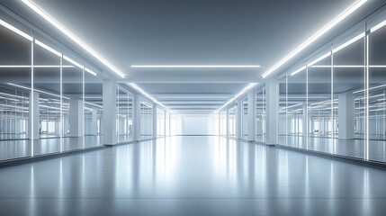 Fototapeta premium Modern Minimalist Interior with Reflective Glass Walls and Bright LED Lighting in a Spacious Open Room