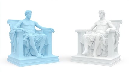 Two majestic sculptures seated in classical style, showcasing stunning craftsmanship and artistic elegance in contrasting colors.