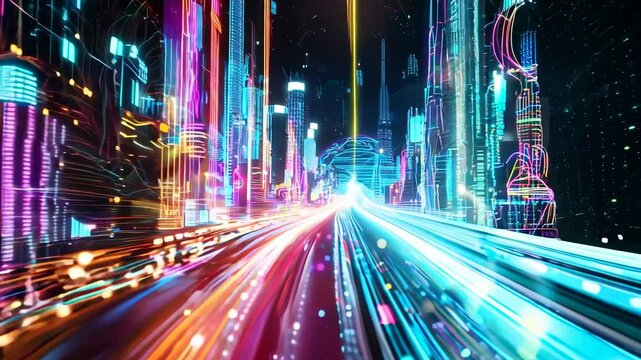 Vibrant digital cityscape with glowing lights and swirling patterns in a futuristic tunnel at night