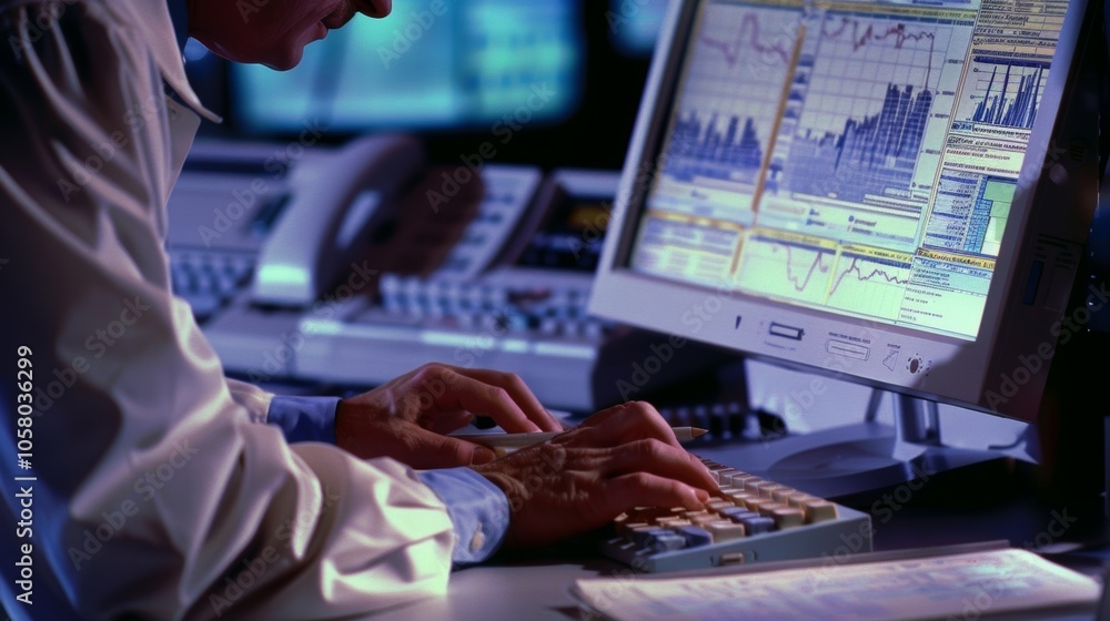 Poster stock market broker is working at his desk analyzing charts on multiple computer monitors. the image