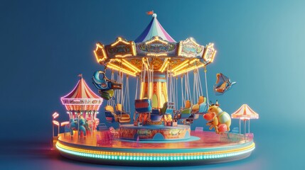 Obraz premium amusement park rides, including a swing ride and carousel, highlighted on a bold solid background for clarity and focus