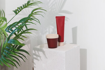 Two lotion bottles are on a white cube next to a plant