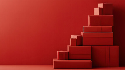 Stack of multiple red gift boxes of various sizes arranged against a plain red background, creating a minimalist and monochromatic composition.
