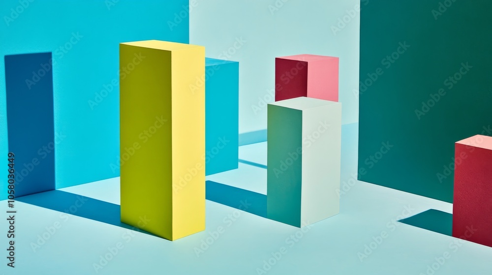 Poster vibrant geometric shapes cast playful shadows on a minimal background, creating an engaging visual c