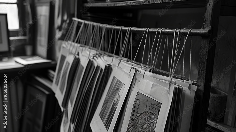 Poster black and white artwork prints are hanging and drying on strings in an art studio. the prints are dr