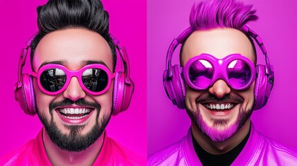 Vibrant portrait of two stylish men in pink outfits and headphones, showcasing a lively and cheerful atmosphere.