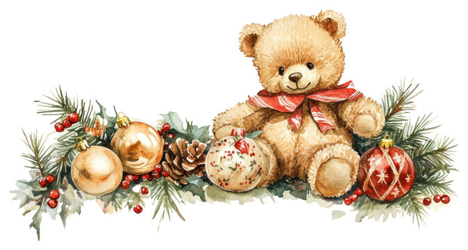 Naklejki PNG Teddy bear Christmas border christmas illustration watercolor.