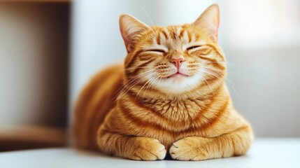Fototapeta premium A charming large orange cat sitting comfortably and grinning widely, its big eyes sparkling with mischief, captured beautifully on a clean