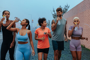 Fitness group drinking water after training outdoors