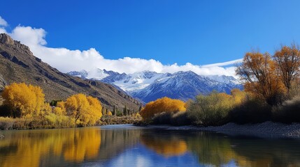 Serene Autumn Landscape with Mountain Reflections and Clear Blue Sky